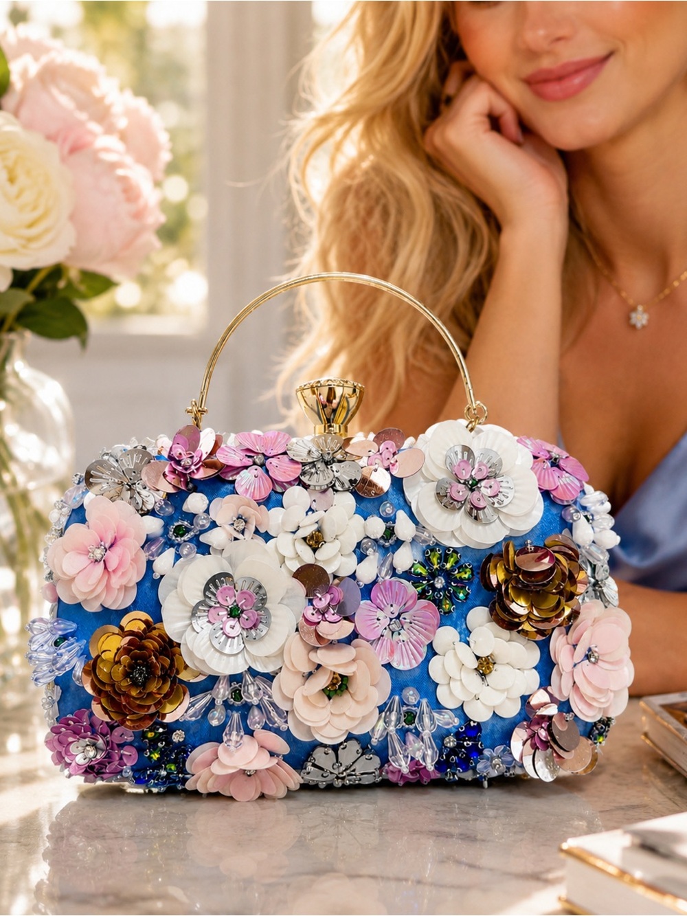 NWT bebe Daisy Blue Multi Floral Sequin Beaded Crystal Clutch